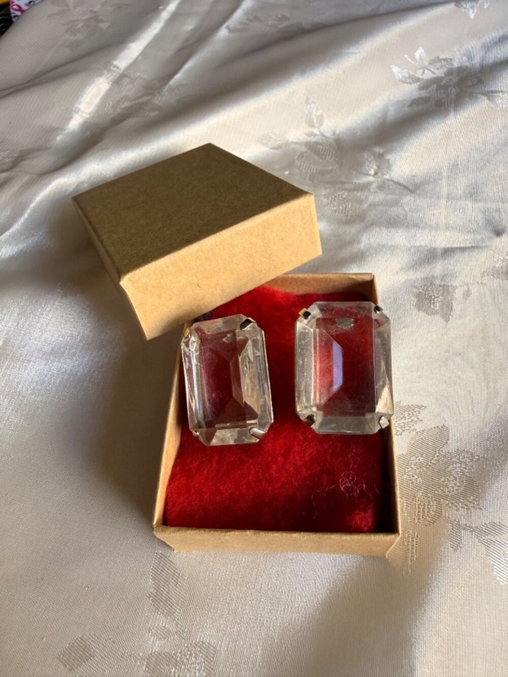 Vintage Rectangular Clear Faux Faceted Gem Pierced Post Lobe Earrings